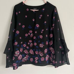 Ann Taylor Black Floral Print Sheer Overlay Bell Sleeve Blouse